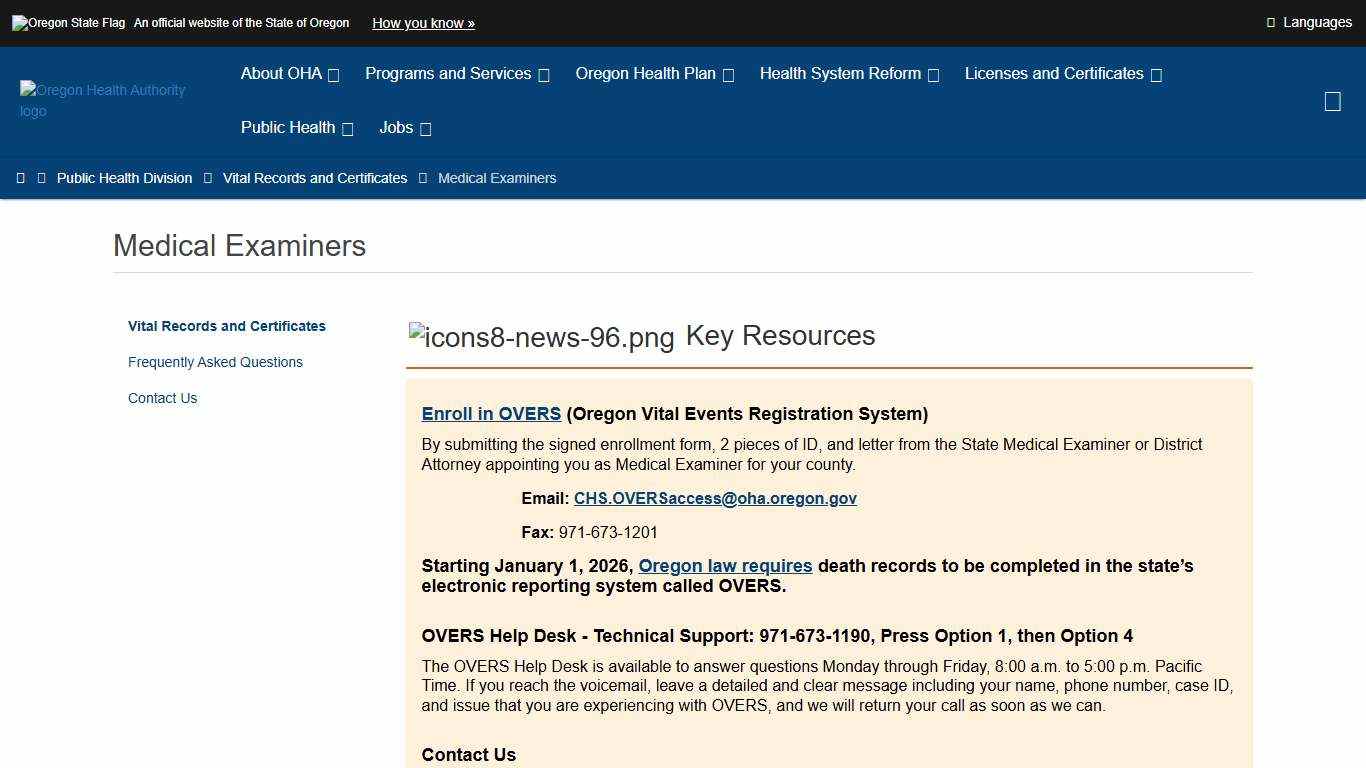 Oregon Health Authority : Medical Examiners : Vital Records and Certificates : State of Oregon