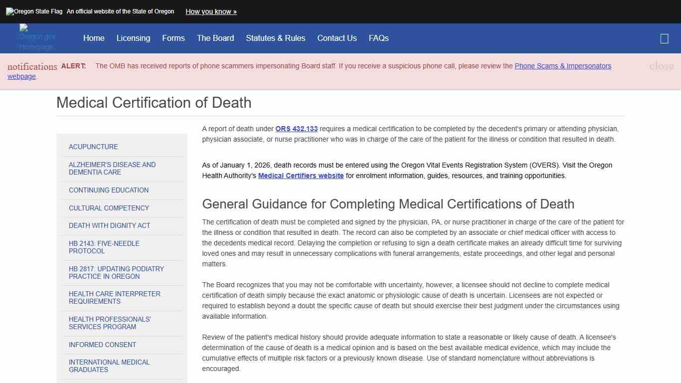Oregon Medical Board : Medical Certification of Death : Topics of Interest : State of Oregon