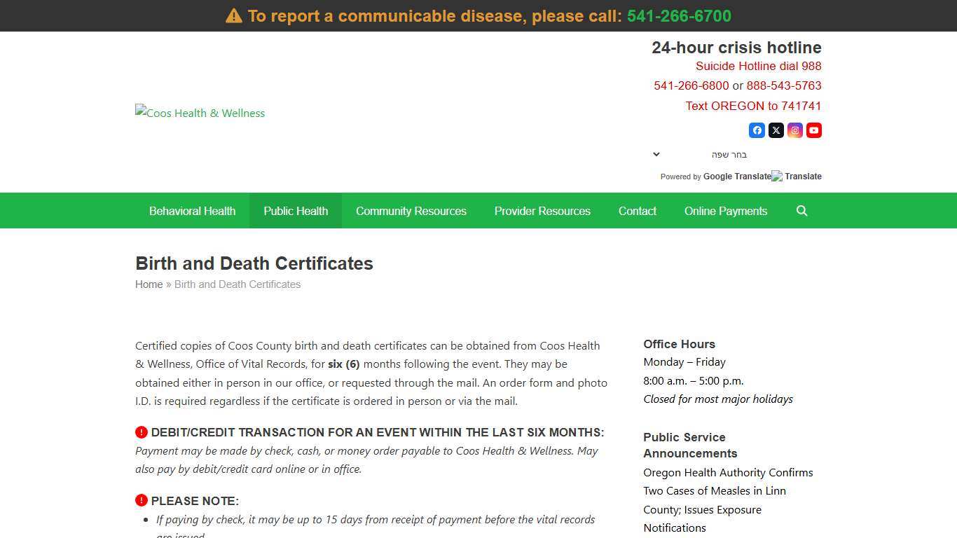 Birth and Death Certificates - Coos Health & Wellness